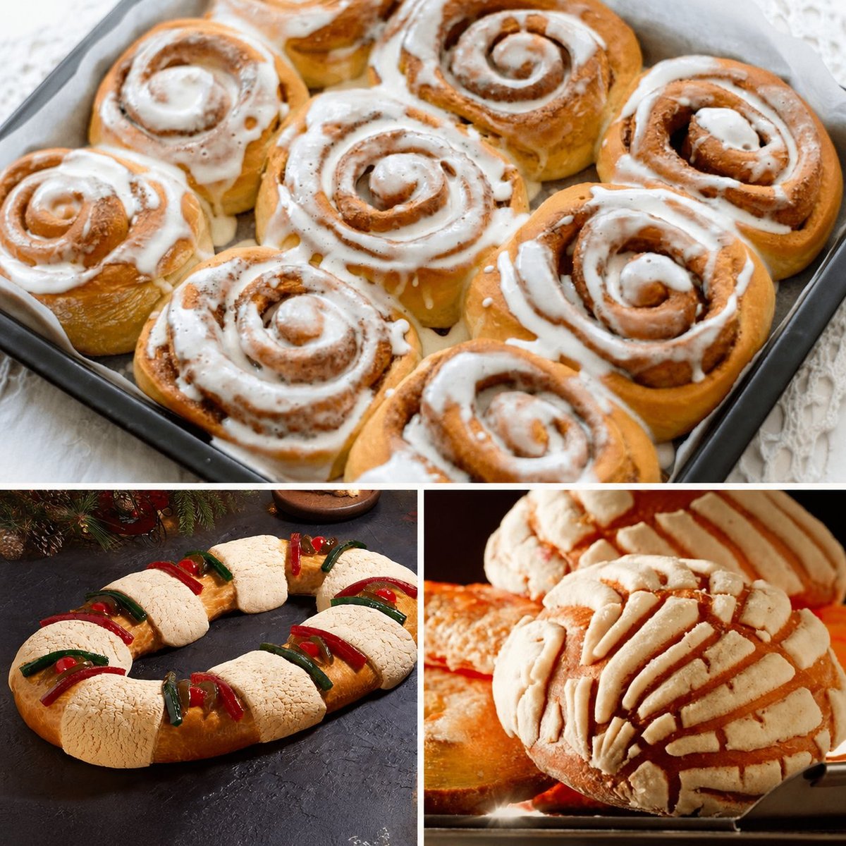 Collage of baked goods: cinnamon rolls dusted with powdered sugar, hot dogs with toppings, and sliced bread loaf with decorative cuts