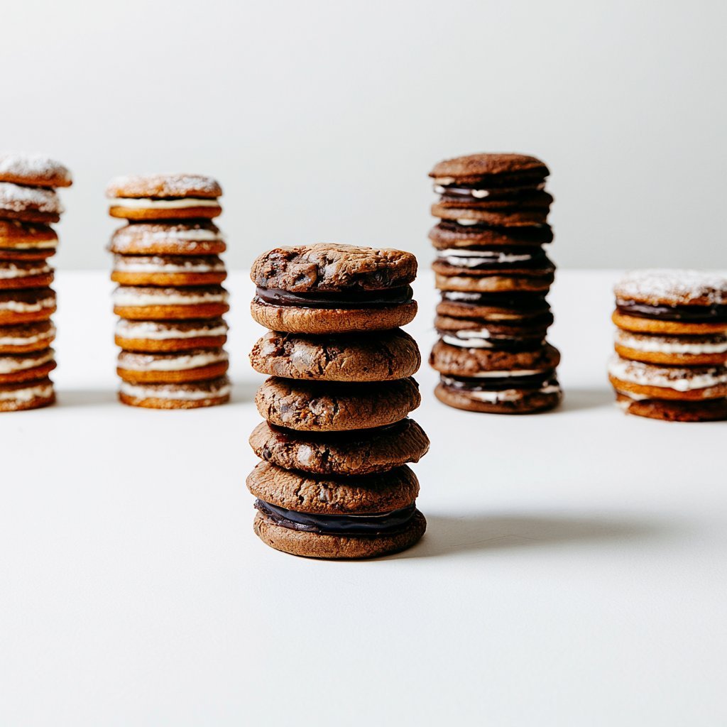 Stacked sandwich cookies with dark chocolate cookie layers and white cream filling arranged in groups on a white surface