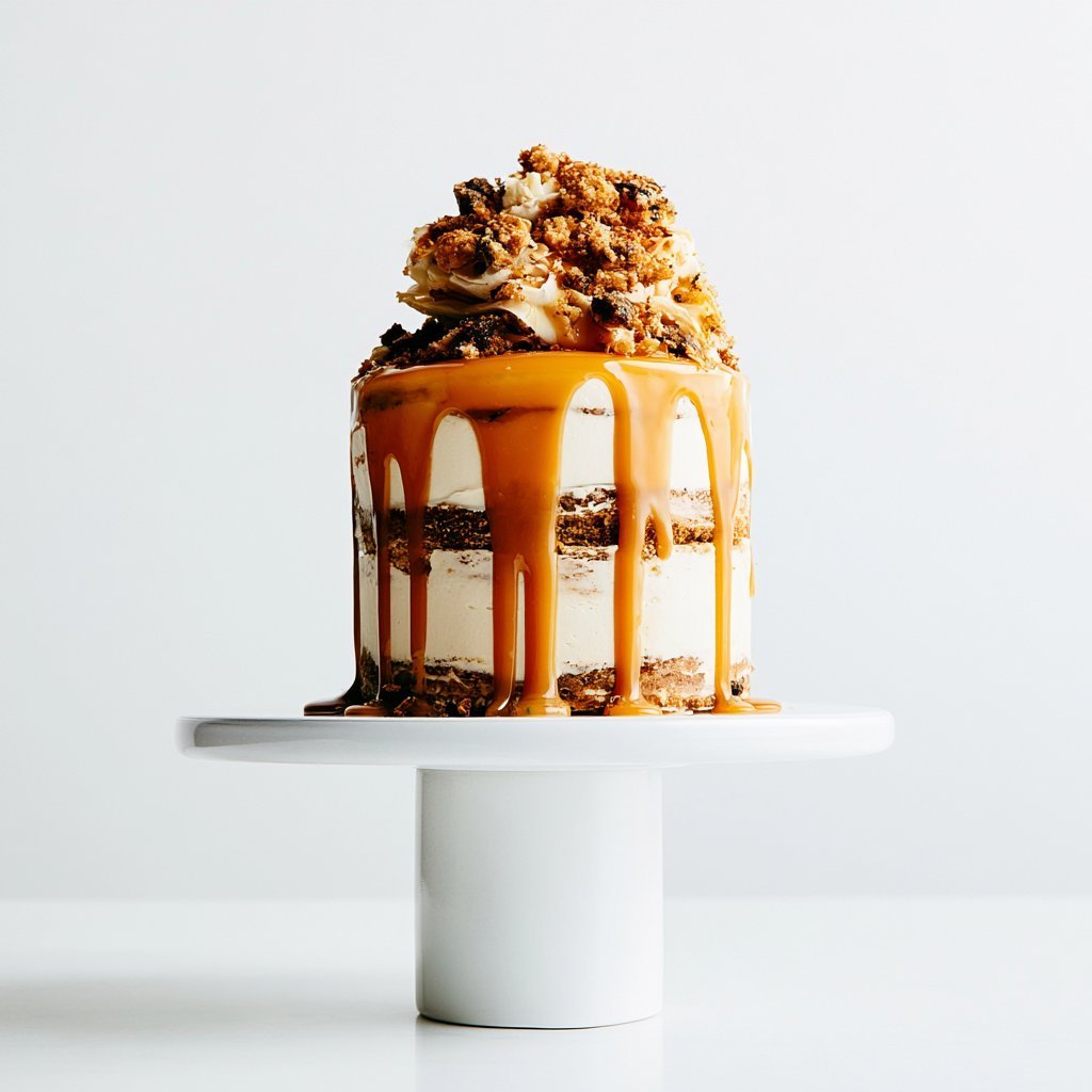 Layered caramel and chocolate cake with cookie crumbles and drip frosting on white pedestal stand
