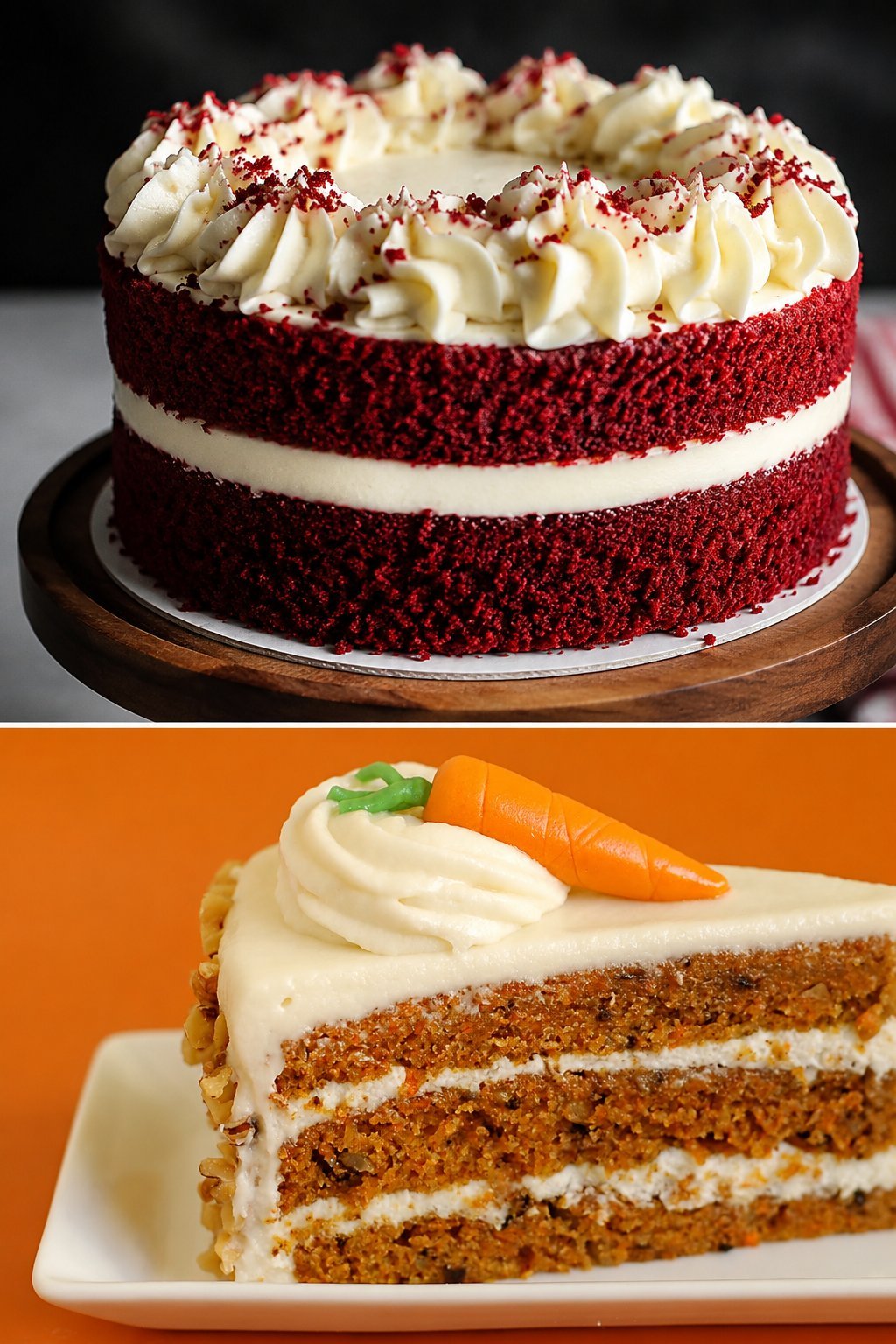 Two layered cakes: red velvet cake with cream frosting and sprinkles on top, and carrot cake with white frosting and marzipan carrot decoration