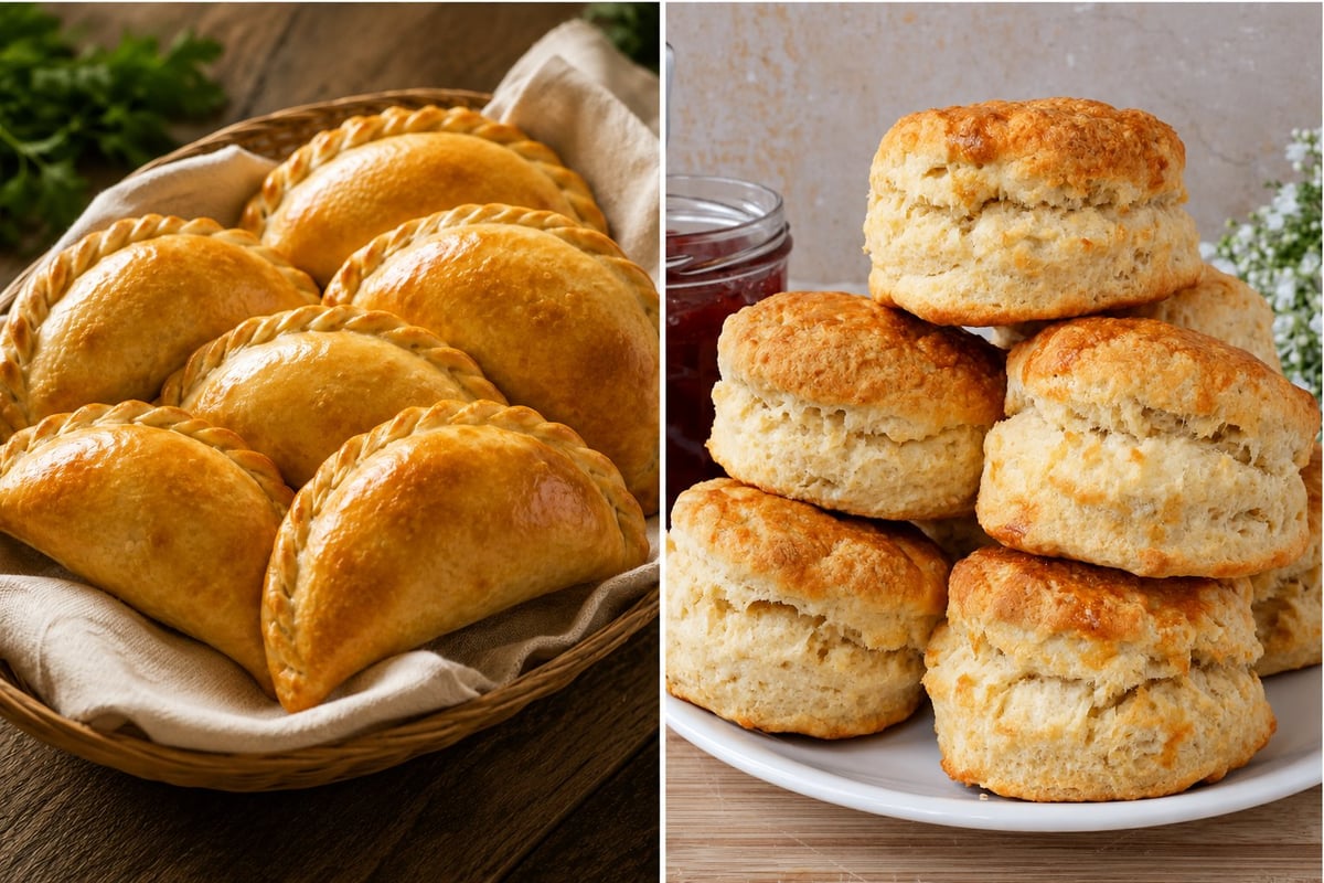 Baked goods collage: left shows golden empanadas in a basket, right shows stacked buttermilk biscuits on a plate with jam