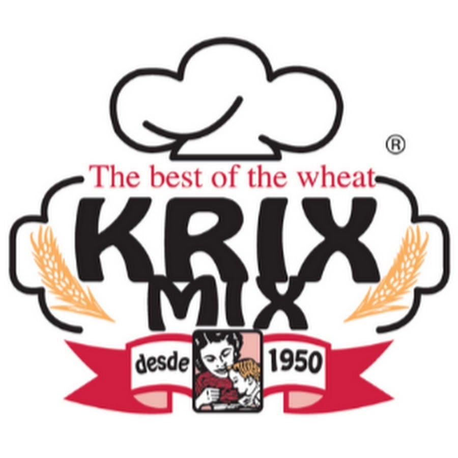 Krix Mix cereal logo with cloud shape, wheat imagery, and red banner showing since 1950