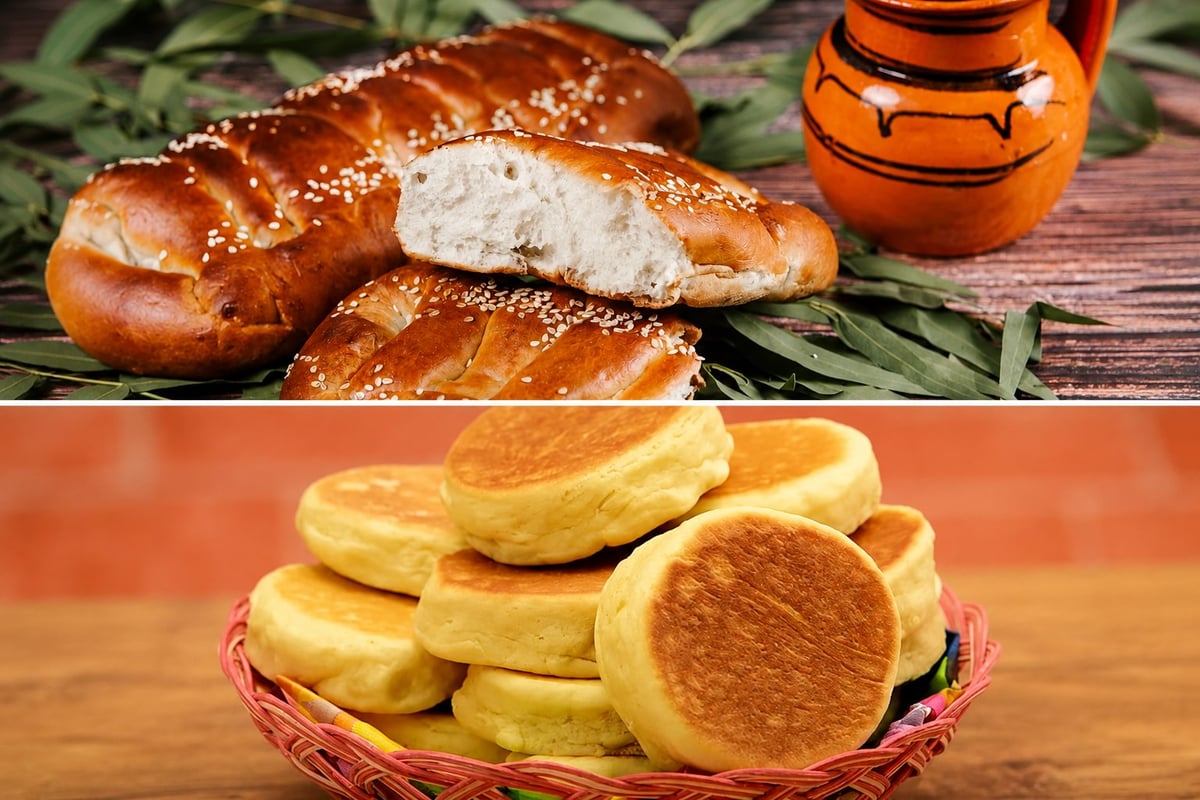 Top: braided challah bread with sesame seeds and honey jar. Bottom: golden pancakes in a woven basket.
