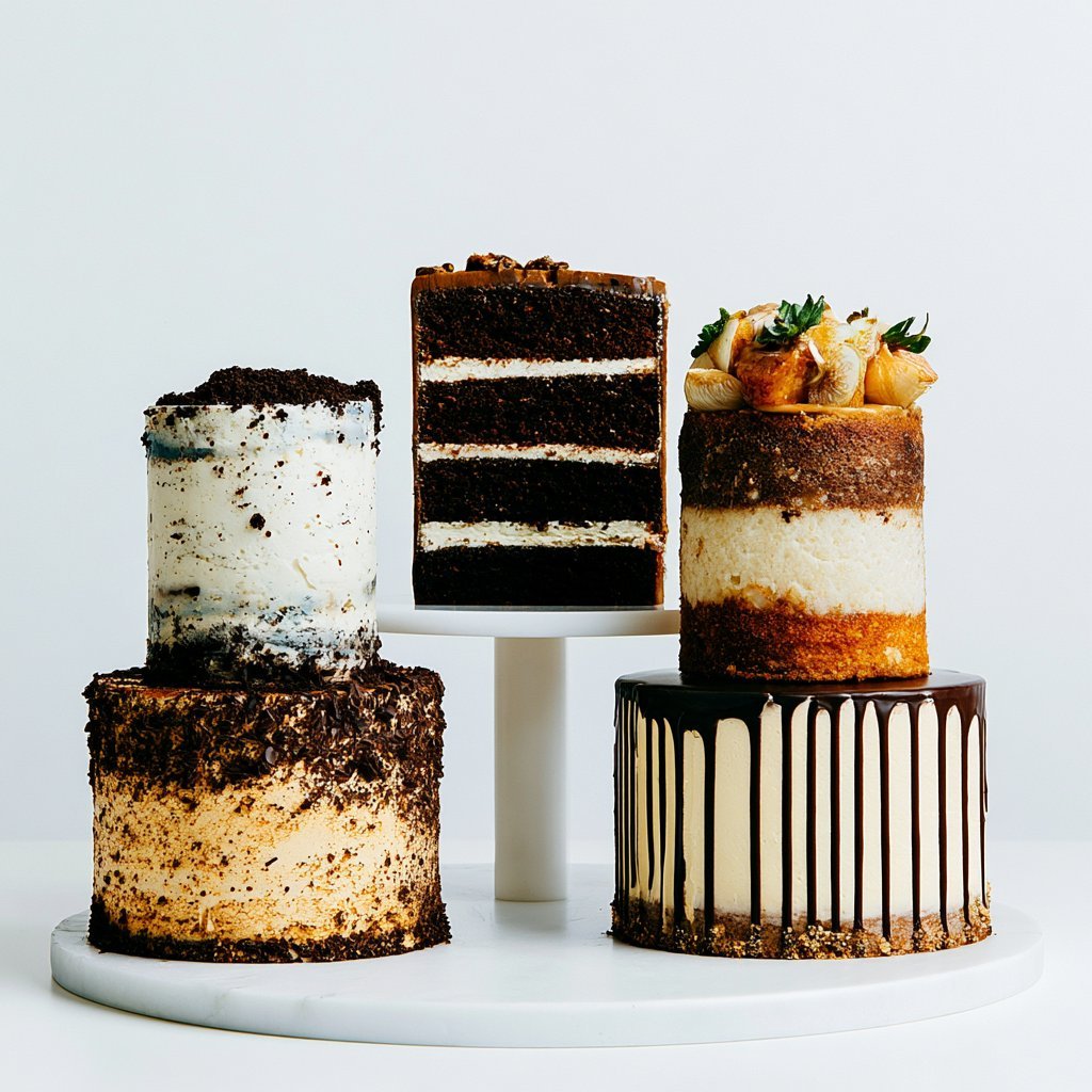 Five decorative layer cakes with various toppings and designs arranged on a white platform against a light background