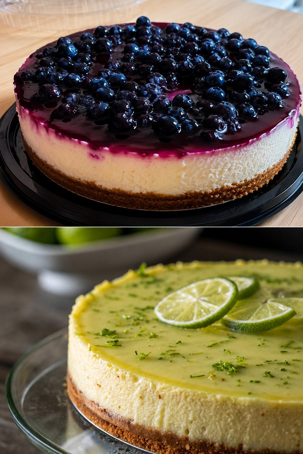 Two cheesecakes stacked vertically: blueberry cheesecake on top with dark berry topping, lime cheesecake below with lime slices and zest garnish.