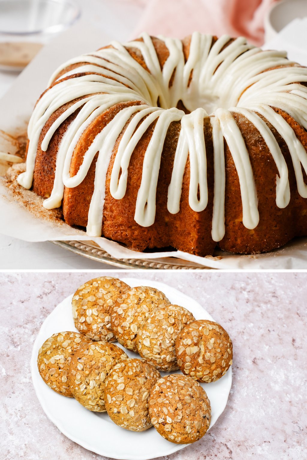 Bundt cake with white glaze dripping down the sides displayed above a plate of golden brown cookies with sugar crystals