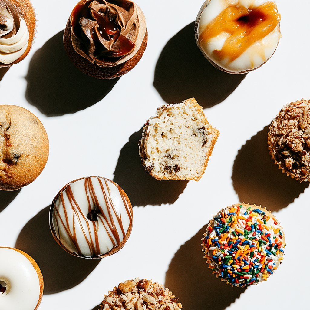Assorted donuts with various toppings arranged on white background, including chocolate, sprinkles, and glazed varieties