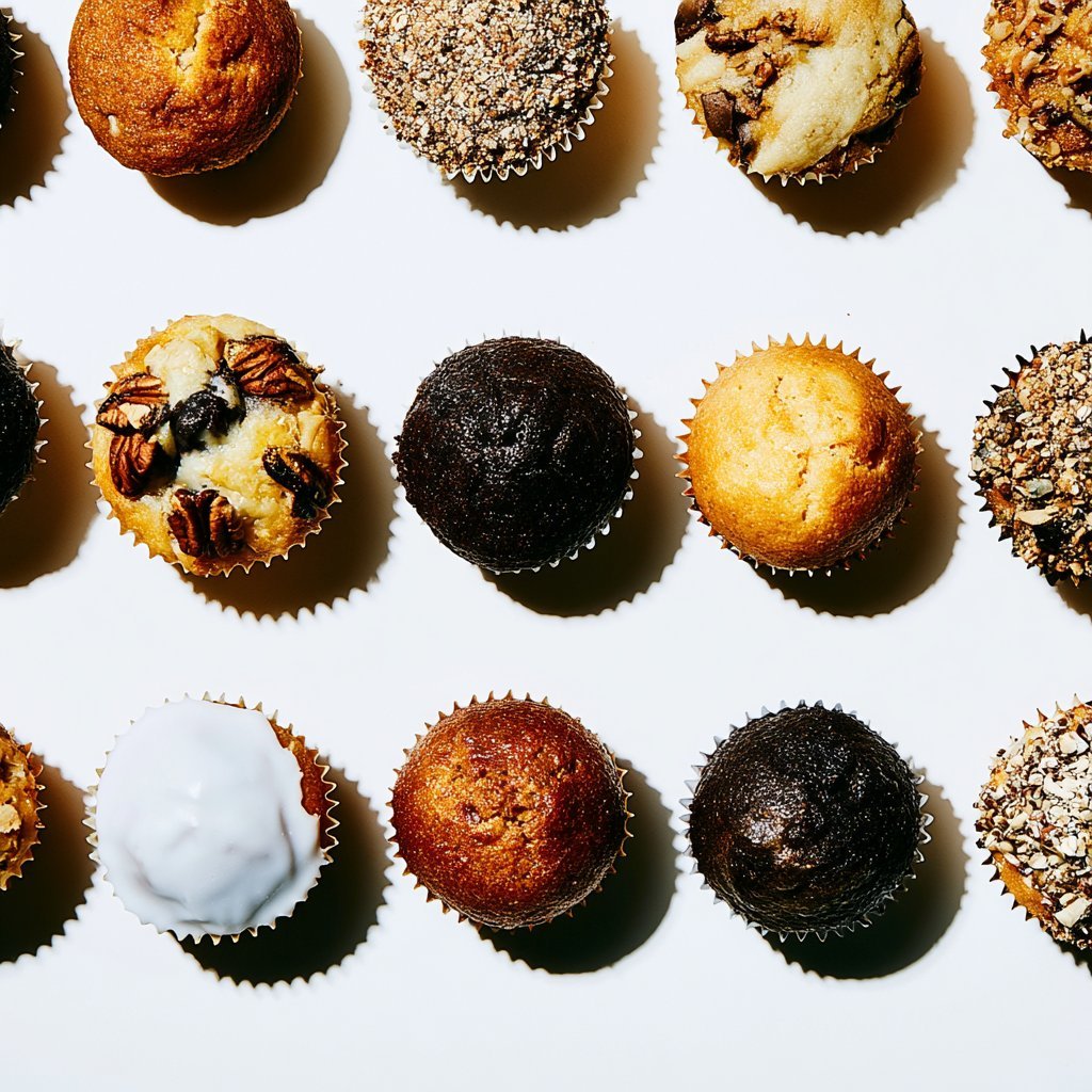 Assorted cupcakes and muffins in various flavors arranged in rows on white background with shadows